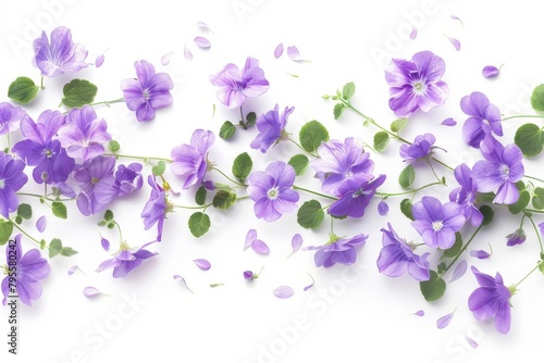 A bouquet of purple flowers with some petals scattered on the ground. The flowers are arranged in a line, with some of them overlapping each other
