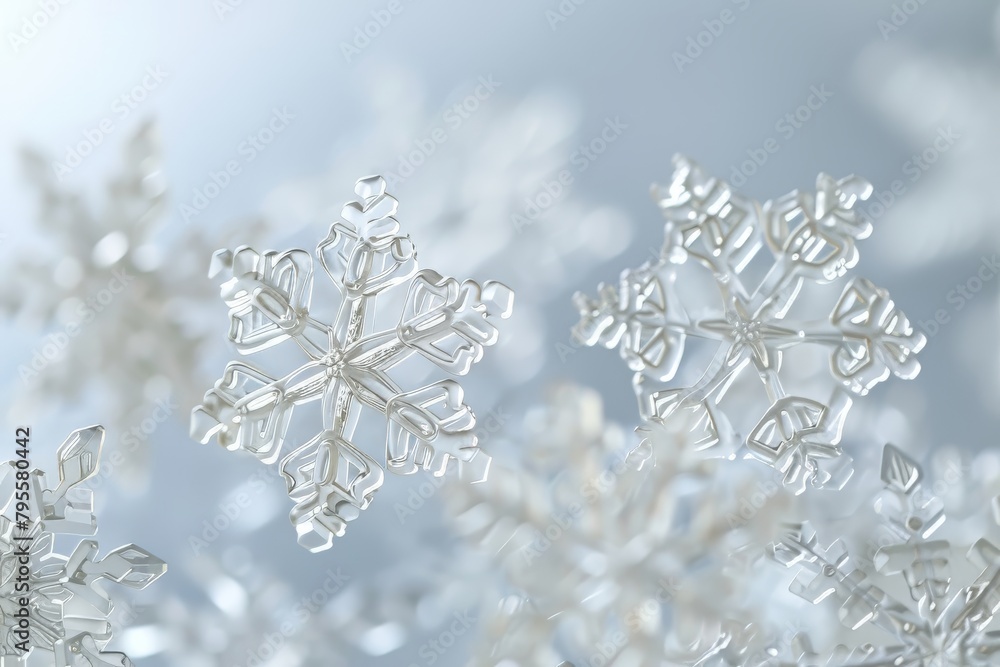 Frosty snowflakes with intricate patterns on a transparent white surface, adding winter wonder Frosty snowflakes with intricate patterns on a transparent white surface, adding winter wonder