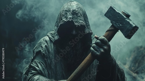 Cloaked in a hood, an ominous man clutches a sledgehammer, his grim expression and ancient garments painting a menacing portrait of readiness for battle.