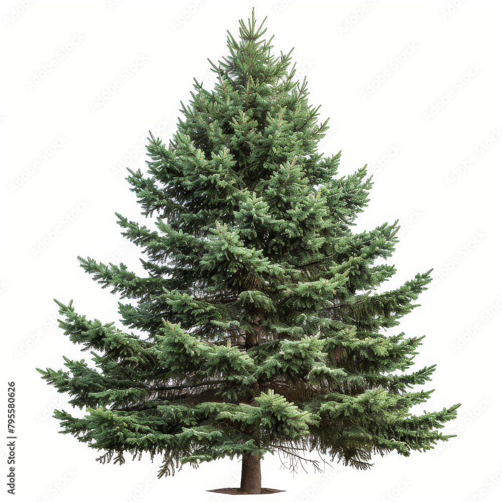 A tall green fir tree isolated on a white background.