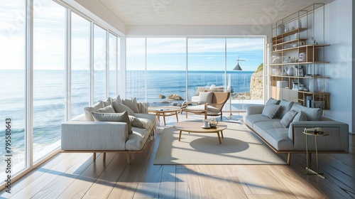 Modern, Elegant Oceanfront Living Room with Panoramic Sea View and Natural Light © AounMuhammad