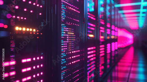 Rows of server racks in a data center with glowing LEDs and a digital overlay showing network activity and system status. , natural light, soft shadows, with copy space © Катерина Євтехова