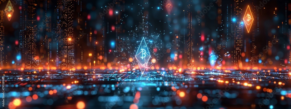 Ethereal landscapes with floating, glowing holograms of various cryptocurrencies. Ethereal landscapes with floating, glowing holograms of various cryptocurrencies.