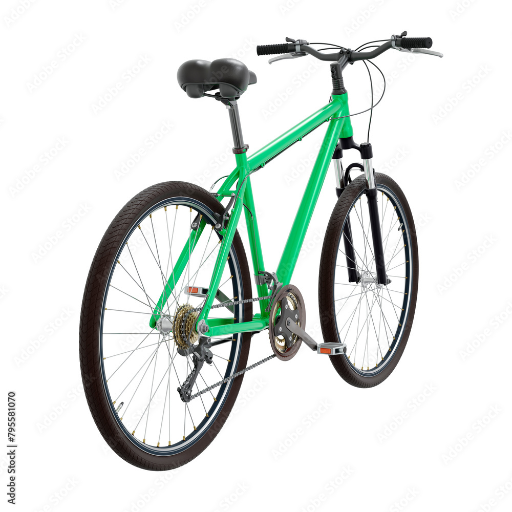 Green bicycle, top back view. Black leather saddle and handles. Png clipart isolated on transparent background