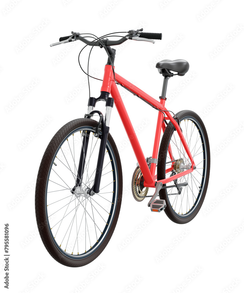 Red bicycle, front side view. Black leather saddle and handles. Png clipart isolated on transparent background