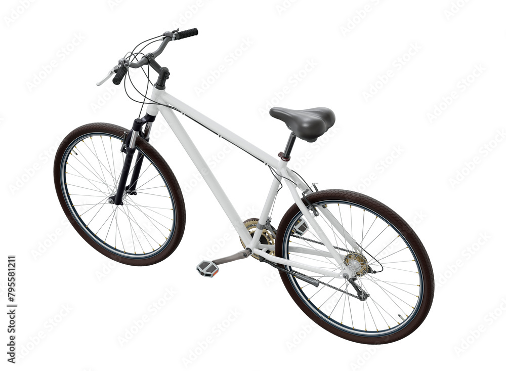 White bicycle, side top view. Black leather saddle and handles. Png clipart isolated on transparent background