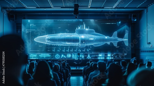 Absorbing views unfold at a technology conference where a large screen illuminates with visualizations of advanced military submarine designs.