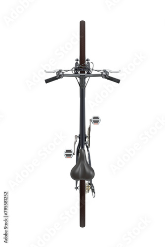 Black bicycle, top view. Black leather saddle and handles. Png clipart isolated on transparent background