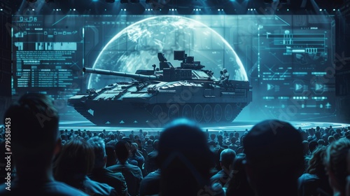 Designs of cutting-edge battle tanks take center stage on a large screen at a technology conference, stirring interest among military enthusiasts and professionals.