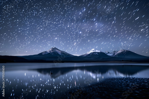 A starry night sky over a serene lake and snowcapped mountains