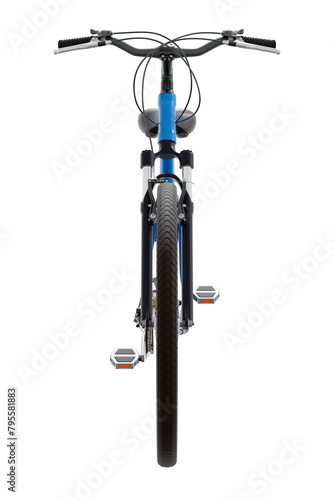 Blue bicycle, front view. Black leather saddle and handles. Png clipart isolated on transparent background