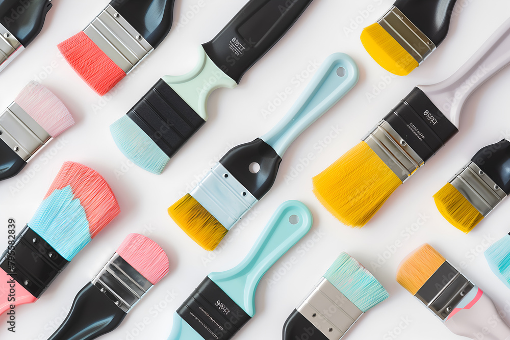 Set of brushes with multi-colored paint on a white background. Pattern of brushes for painting walls. Apartment renovation and decoration concept Set of brushes with multi-colored paint on a white background. Pattern of brushes for painting walls. Apartment renovation and decoration concept