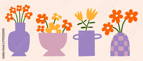 Bright flowers bouquet in vases vector art set. Trendy groovy floral illustration. Flat botanical elements