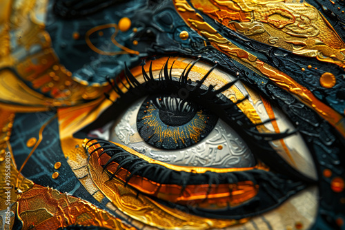 Detailed close-up of an artistic eye illustration with gold and blue accents.