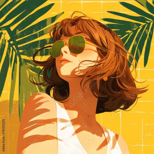 illustration of a woman wearing glassess behind palm leaves