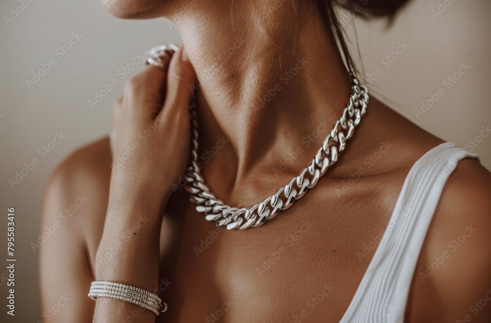 Woman Wearing Silver Chain Necklace
