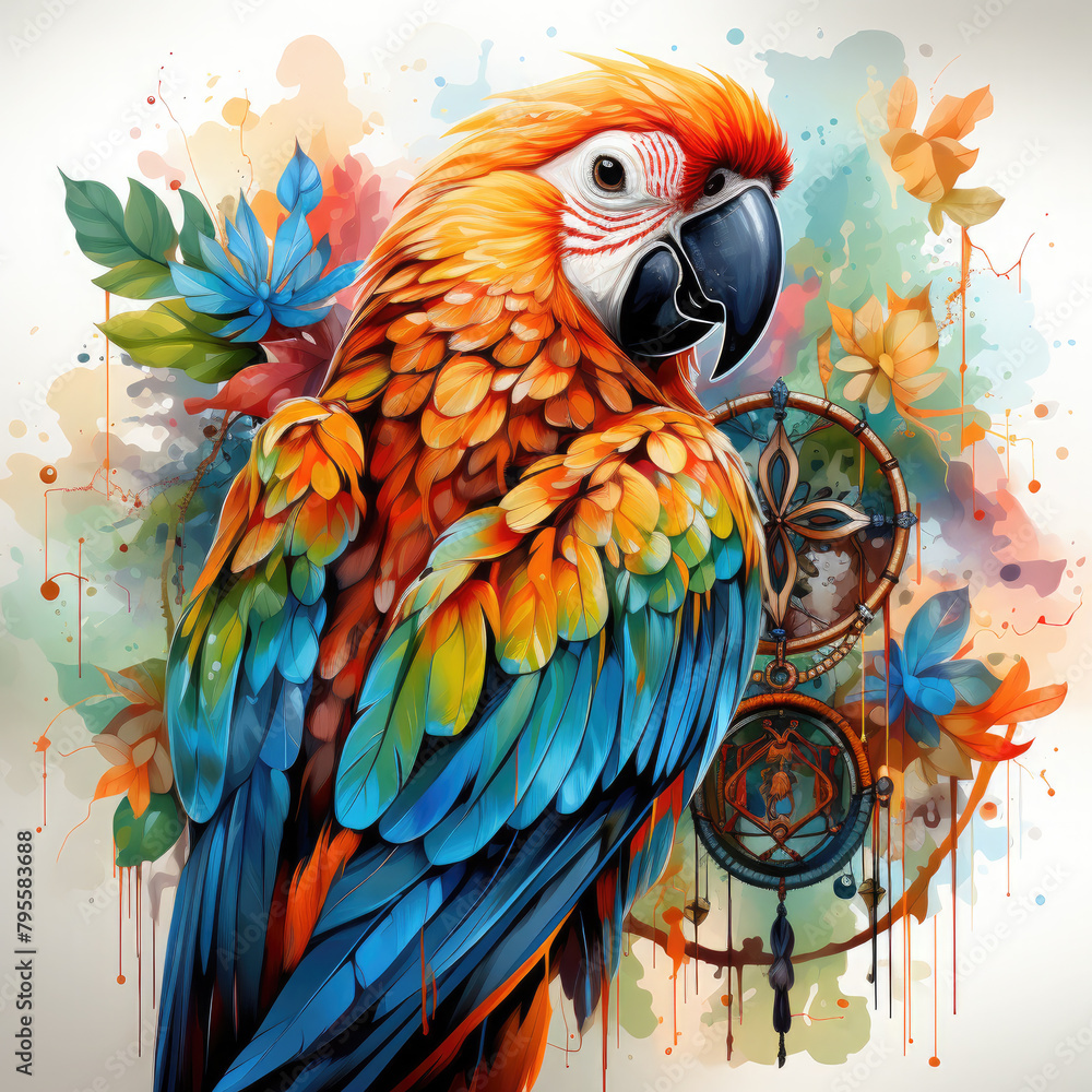 Obraz premium Watercolor Parrot & Dreamcatcher Illustration, Generative Ai