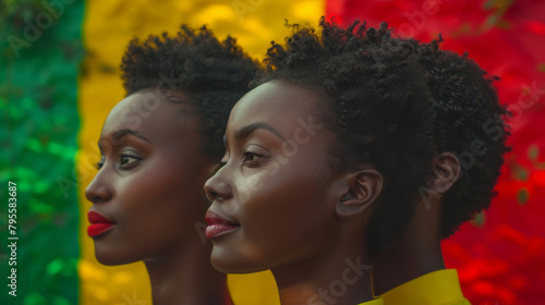 Young african american women on red yellow green black colors background. Juneteenth freedom day celebration. Black History Month. Generative ai