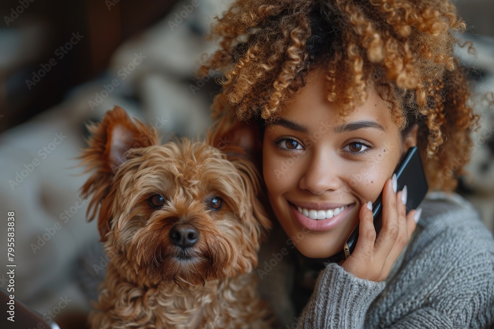 Close-up image of a smiling woman talking on the phone with her pet dog, highlighted by their bond and warm ambiance Close-up image of a smiling woman talking on the phone with her pet dog, highlighted by their bond and warm ambiance