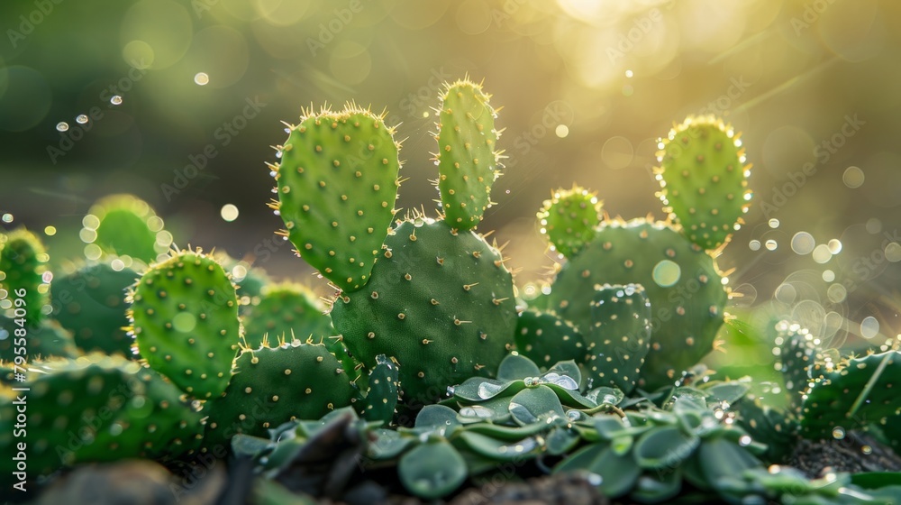 Sunlit dewy cactus close-up: a serene desert morning scene Sunlit dewy cactus close-up: a serene desert morning scene