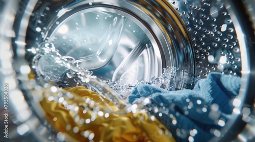 Inside view of a washing machine drum with water, and clothes,