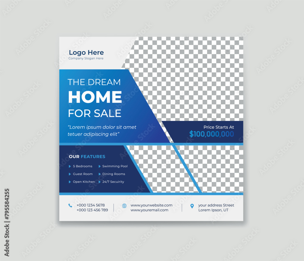 Dream home for sale Perfect and modern real estate banner promotion, Real Estate Social Media Post Design.