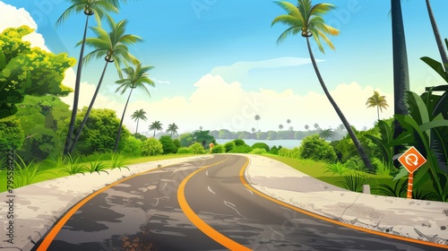 Empty road near beach with palm trees on the side