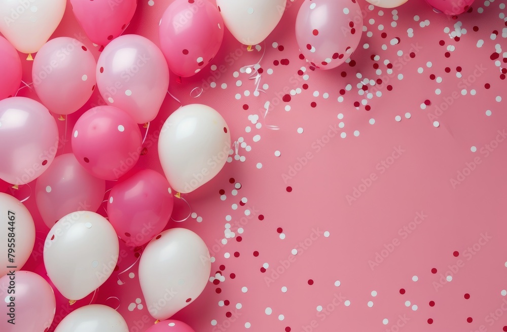 Pink and White Balloons and Confetti on a Pink Background