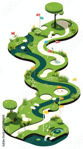 Detailed isometric mini golf course with colorful flags and putters, serene pond, ideal for resort marketing
