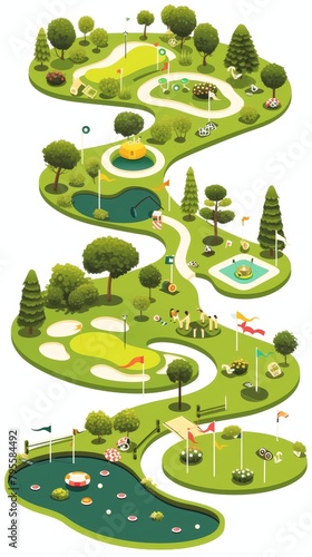 Detailed isometric mini golf course with colorful flags and putters, serene pond, ideal for resort marketing photo