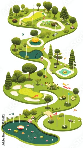 Detailed isometric mini golf course with colorful flags and putters, serene pond, ideal for resort marketing
