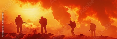 Brave Soldiers Silhouetted Against Fiery Dramatic Sky in Expressionistic Combat Interpretation photo