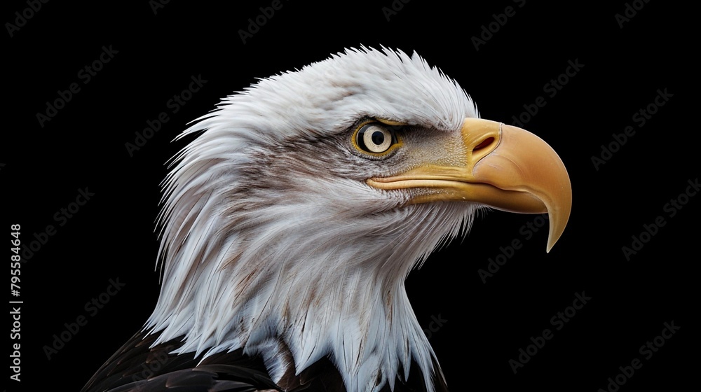 the bald eagle’s commanding presence and the intensity of its sharp yellow eyes against the stark black background. Generative AI the bald eagle’s commanding presence and the intensity of its sharp yellow eyes against the stark black background. Generative AI