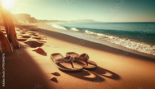 A peaceful summer scene with a view of a beach at sunset, featuring flip-flops on the sand, evoking a relaxing holiday vibe.