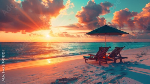 A beach scene with a couple of lounge chairs and an umbrella. The sky is orange and the water is calm