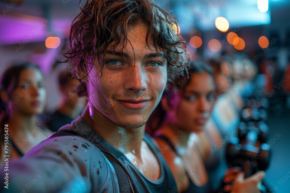 A fit young man takes a selfie after an intense workout session with a group at the gym A fit young man takes a selfie after an intense workout session with a group at the gym