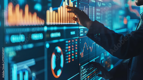 businessman is examining financial data while touching the business growth graph