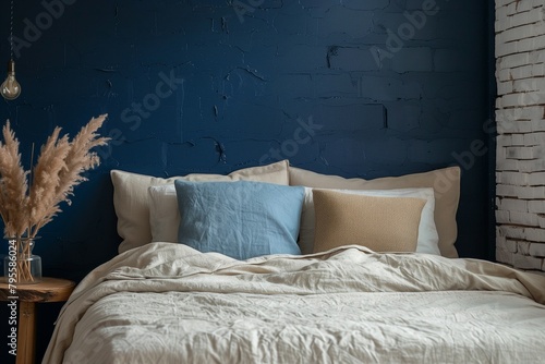 Bed adorned with beige bedding set against a striking dark blue wall juxtaposed with exposed brick, reflecting the hallmark elements of Scandinavian interior design within a modern bedroom setting