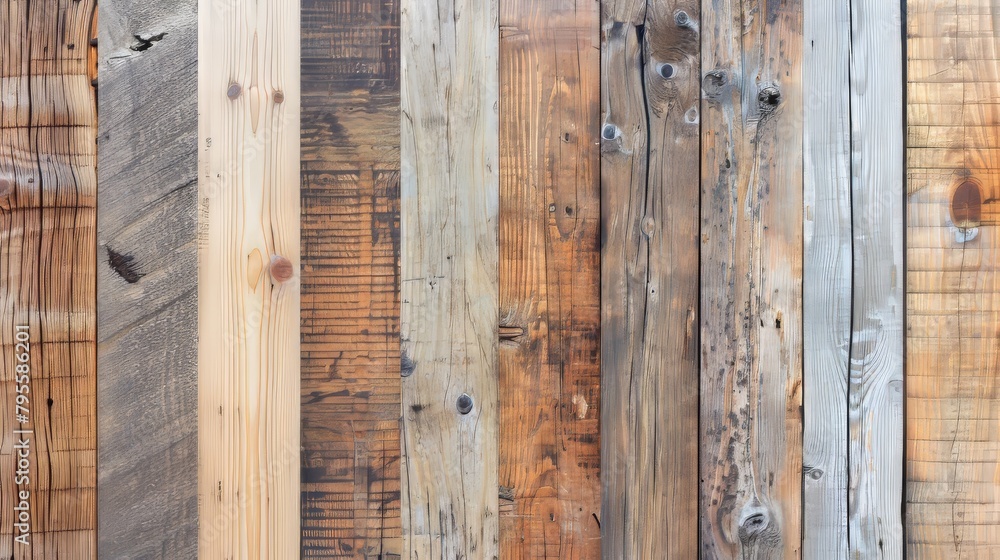 A row of wooden boards with a variety of colors and textures A row of wooden boards with a variety of colors and textures