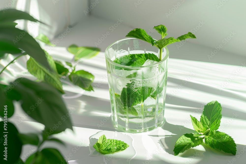 A glass of water with mint leaves floating in it A glass of water with mint leaves floating in it
