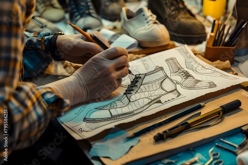 Fashion designer sketching new shoe design in traditional Italian style. Concept Fashion Design, Shoe Sketching, Italian Style, Creative Process, Artistic Inspiration
