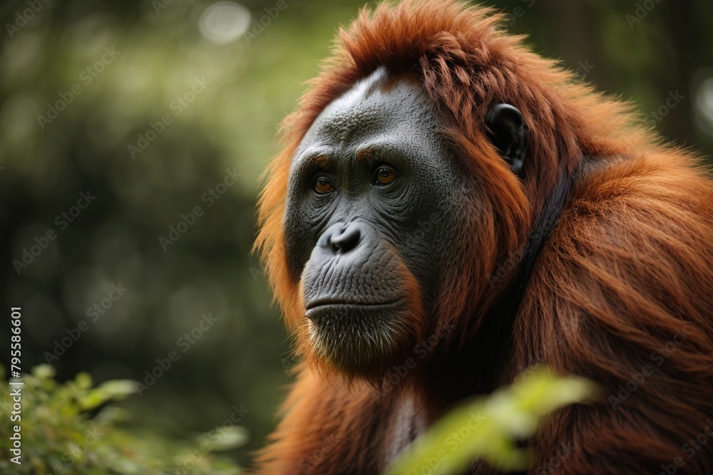 close up of an orangutan looking at something