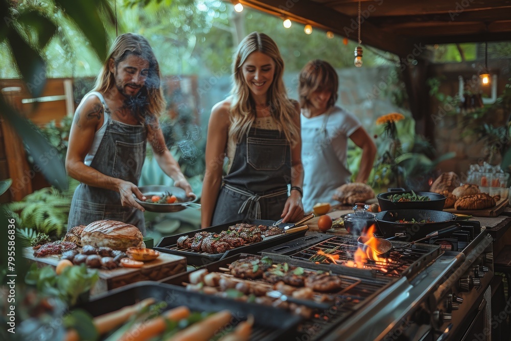 Cheerful group of friends preparing a barbecue meal together in an outdoor kitchen setting Cheerful group of friends preparing a barbecue meal together in an outdoor kitchen setting