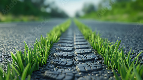 Grass growing as car tire tracks print in the middle of an asphalt road, eco-friendly vehicle concept