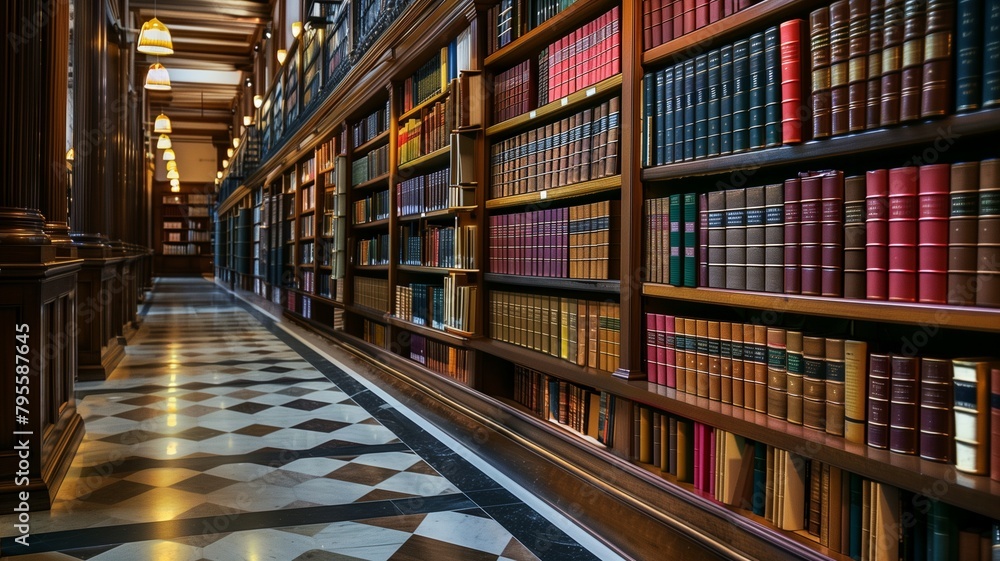 A grand university library with soaring, arched ceilings and rows of oak bookshelves A grand university library with soaring, arched ceilings and rows of oak bookshelves