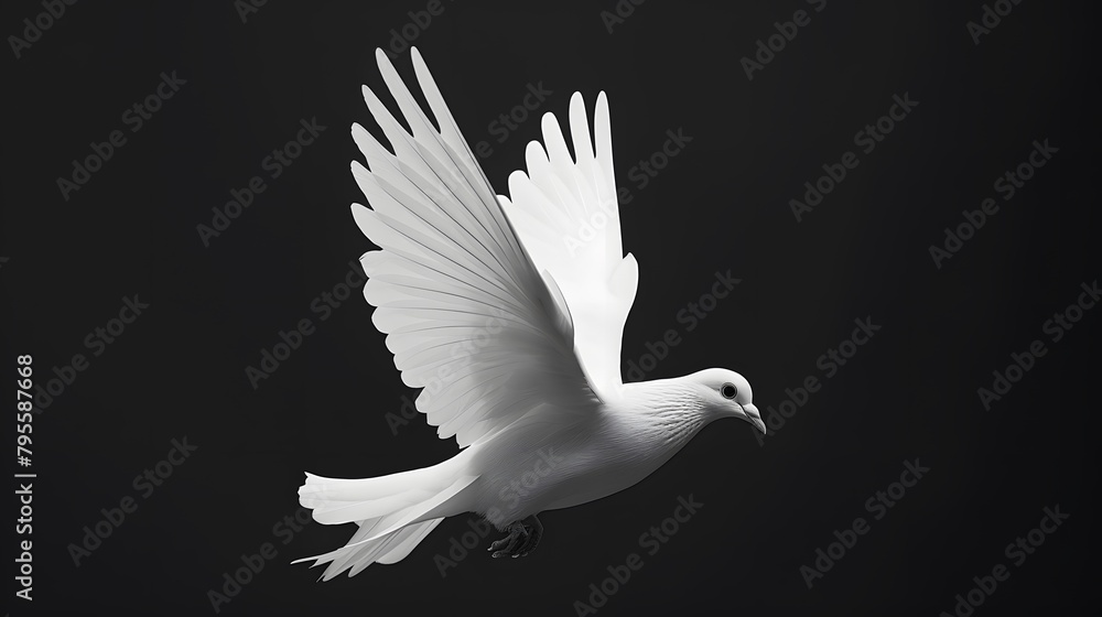 Obraz premium Flying white dove on black background