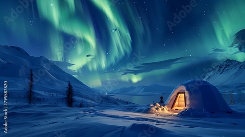 Igloos in snow field with beautiful aurora northern lights in night sky in winter.