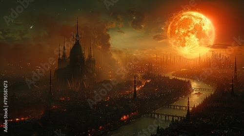 Futuristic cityscape with a giant glowing planet at sunset, featuring gothic architecture and thousands of lights photo