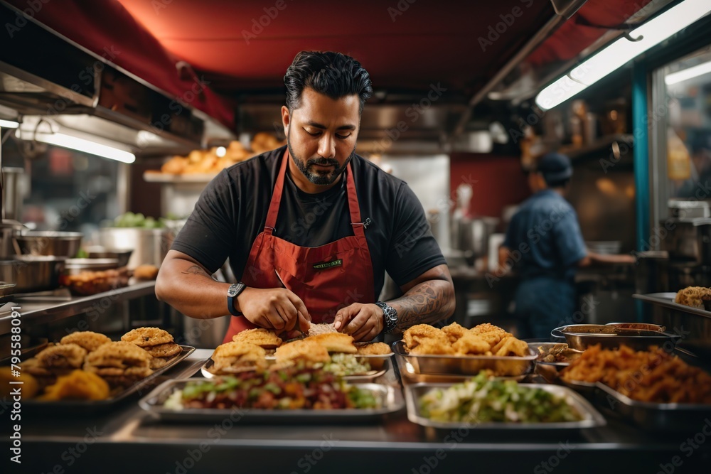 energetic food truck owner preparing and serving