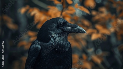 the moody and mysterious ambiance of the raven set against the warm backdrop of autumn leaves, A Raven’s Gaze Amidst Autumn Leaves. Generative AI
